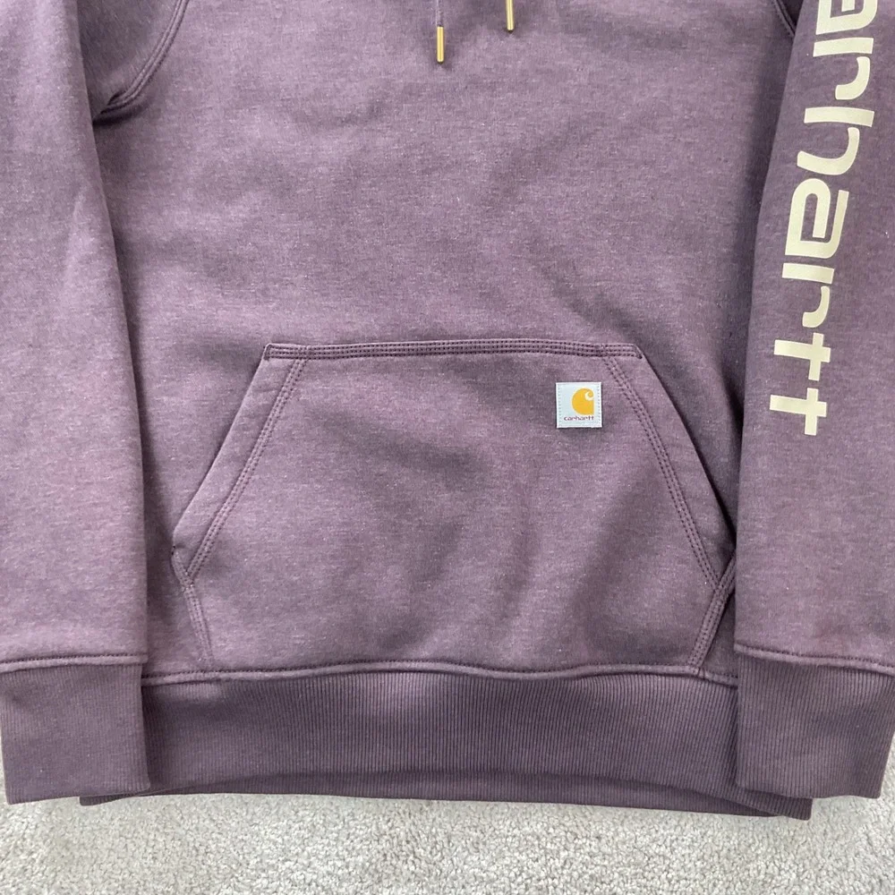Carhartt Womens Relaxed Fit Fleece Hoodie Plum Purple Graphic Sleeve Medium - Picture 4 of 7